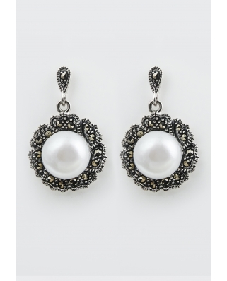 Round Drop Silver Earring with Pearl